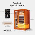 Far Infrared Home Sauna 2 Person Indoor Sauna Dry Wood Spa Room 1880W 110V with Red Light Control Panel, Bluetooth Speaker, Reading Lamp