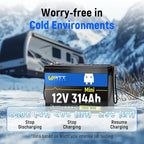 Wattcycle 12V 314Ah Mini LiFePO4 Lithium Battery, 200A BMS & 4.01kWh Energy, Upgraded Cooling Fins & Braided Wires, 4000+ Cycles, Ideal for RV, Marine, Camping, Solar Off-Grid