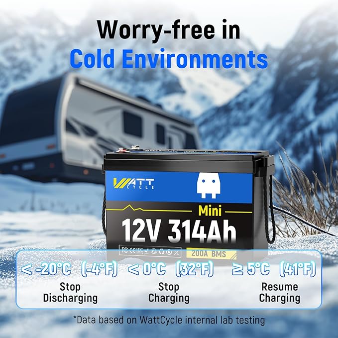 Wattcycle 12V 314Ah Mini LiFePO4 Lithium Battery, 200A BMS & 4.01kWh Energy, Upgraded Cooling Fins & Braided Wires, 4000+ Cycles, Ideal for RV, Marine, Camping, Solar Off-Grid (2-Packs)