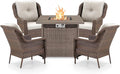 Outdoor Patio Chairs with Fire Pit Table 5 Piece Set - High Back Brown Wicker Rattan Lawn Chair with Thick Cushion for Porch Apartment Deck Yard Poolside Garden - Beige