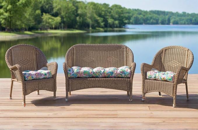 RSH DECOR: Sunbrella Tufted Wicker Loveseat Cushion | 41” x 19" | Water and Fade-Resistant Performance Fabric | Outdoor Settee Cushion for Patio Furniture | Spectrum Peacock
