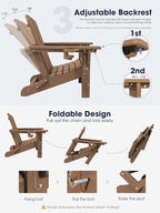 KINGYES Folding Adjustable Adirondack Chair with Ottoman & 2 Cup Holders Set of 2, HDEP Multifunctional Adirondack Chair with Footrest, Brown