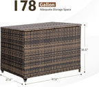 MEISSALIVVE 178 Gallon Outdoor Storage Box, Handle Large Portable Wicker Rattan Deck Box for Patio Furniture Cushions, Patio Deck Box with 2 WheelsThrow Pillows, Garden Tools and Pool Floats (Brown)