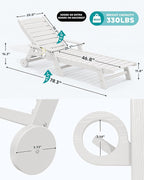 SERWALL Patio Chaise Lounge Chair Set of 2, 78'' Long 5-Positions Adjustable HDPE Outdoor Lounge Chair for Pool, Poly Lounge Chair with Rolling Wheels & Cup Holder for Poolside, Deck, White