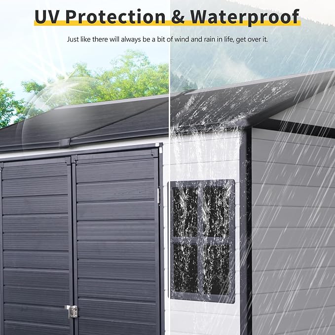 8x6 ft Resin Outdoor Storage Shed with Two-Window and Double-Door, Plastic Shed with Floor for Gargen, Patio, Yard, Lawn, Grey (1 Doors) (Grey White, 8x6 ft)