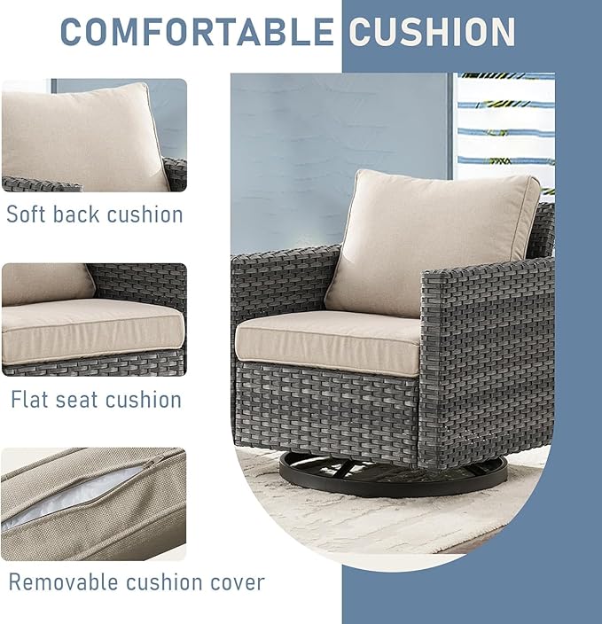 Wicker Patio Furniture Set, 6 PCS Outdoor Patio Furniture Set with Swivel Chairs, Includes 2 Swivel Patio Chairs, 1 Outdoor Couch, 1Side Table and 2 Ottoman, Grey/Beige