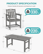 HDPE Outdoor Patio Dining Set with Table & 4 Chairs, All-Weather 5-Piece Outdoor Table and Chairs, 2" Umbrella Hole, Patio Furniture for Garden, Backyard, Deck | Grey