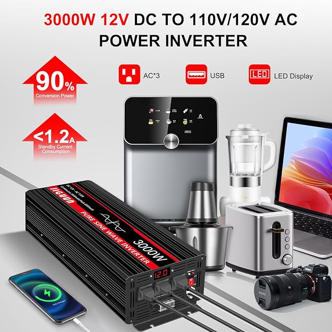 JIGUUN 3000 Watt Pure Sine Wave Inverter, Power Converter 12V DC to 110v/120v AC, Car Inverter with 4 AC Outlets& USB Port Remote Control for RV Camping Truck.