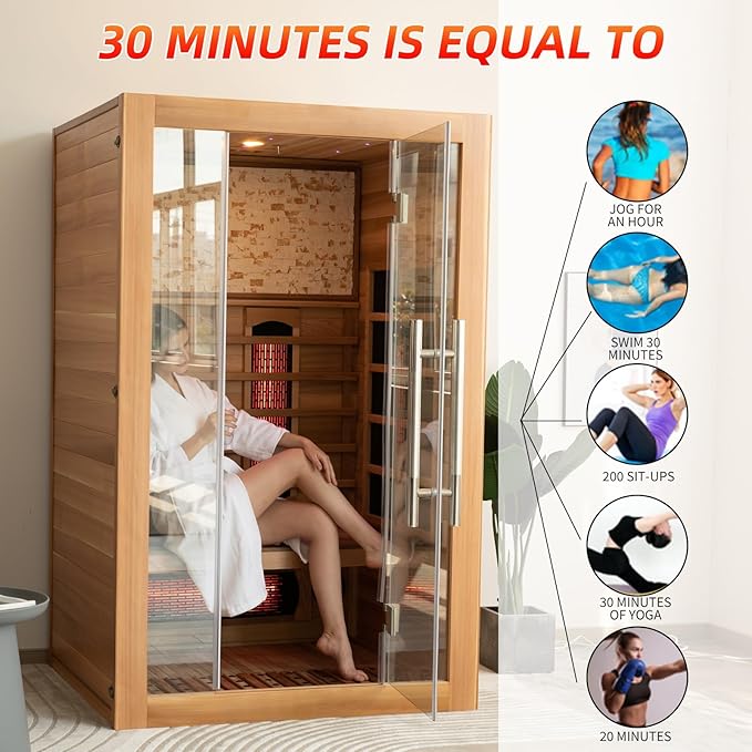 2 Person Infrared Sauna Room with Red Light Therapy, Wood Indoor Saunas Spa with WiFi Control, Oxygen Bar, Speaker, Backrest, 1800W/220V, Ideal Sauna for Gym, Home (Canadian Hemlock)
