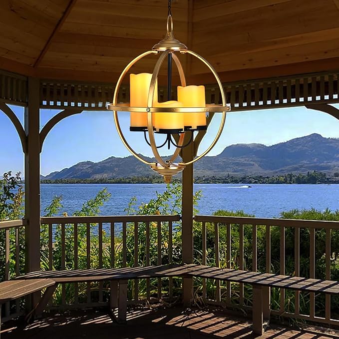 SUNNYPARK Battery Operated Outdoor Candle Chandelier - Gold and Black Metal Globe Hanging Pendant Light with 3 Flameless Candles, 12.6" Waterproof Lights for Gazebo, Pergola, Garden, Porch & Backyard