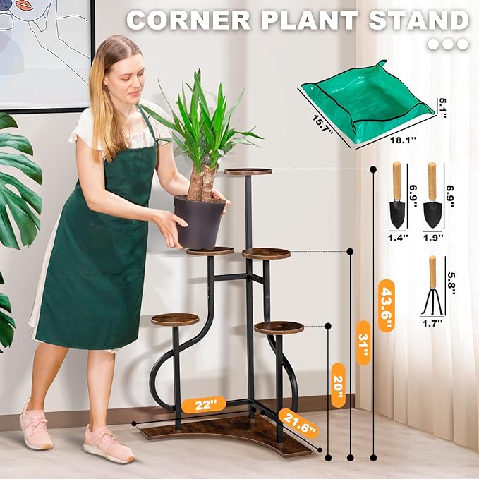 6-Tier Corner Plant Stand, Indoor Plant Stand with L-shaped Base, Aesthetic Metal Plants Shelf for Multiple Plants Flower Pot, MDF Outdoor Plant Holder for Patio Balcony (Rustic Brown)