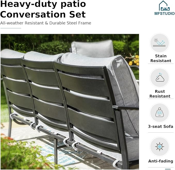 MFSTUDIO 4 Piece Patio Conversation Sets, All Weather Metal Frame Outdoor Furniture Set Patio Sofas with 1 x 45 Rectangular Fire Pit Table, 1 x 3-Seat Sofa, 2 x Sofa Chairs, Grey Cushion