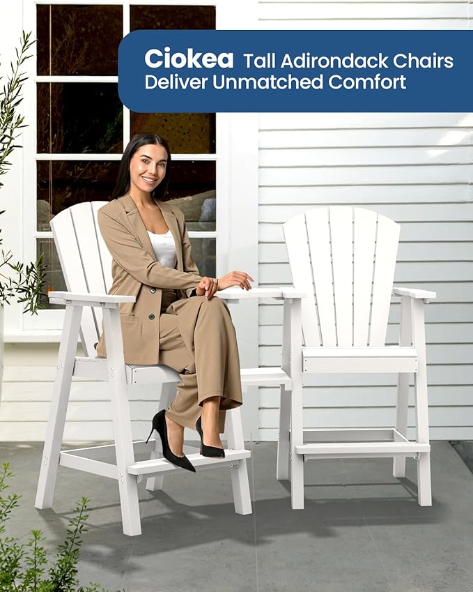 Ciokea Tall Adirondack Chairs Set of 2, HDPE Outdoor Adirondack Bar Stools with Double Connecting Tray, Weather Resistant High Back Adirondack Balcony Chairs for Deck, Lawn, Pool, Backyard, White