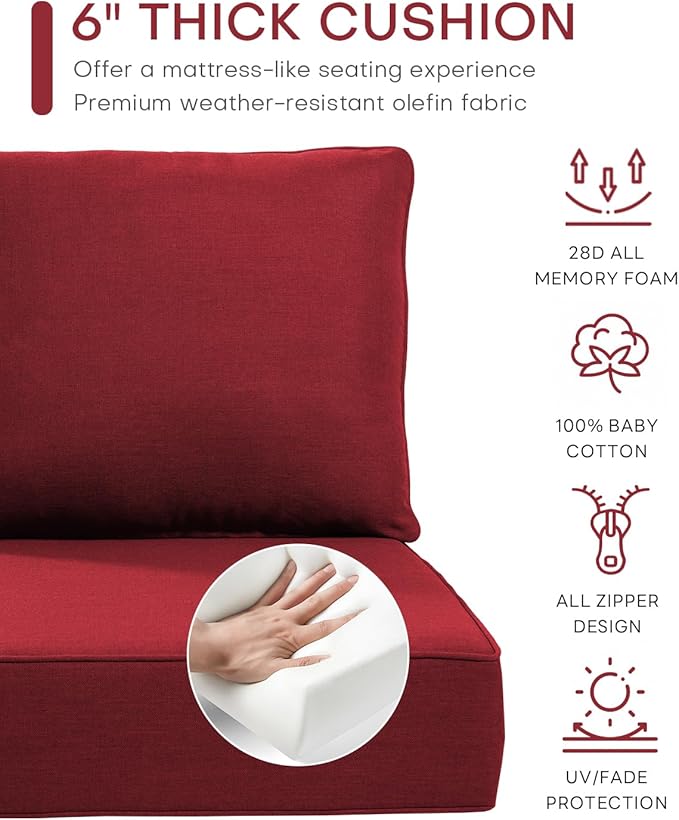 Luxury 22x24/22x25 6-Inch Outdoor Cushions - Water Resistant 1 Set Zippered Patio Chair Back&Seat Cushion for Wicker Dining Rocking Swivel Chairs Loveseat Couch Sectional Sofa - Red