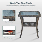 5 Piece Patio Furniture Set with Fire Pit Table - Wicker Patio Conversation Set with Swivel Glider, Glider Loveseat, Tempered Glass Side Table for Deck Backyard - Brown Wicker Grey Cushion