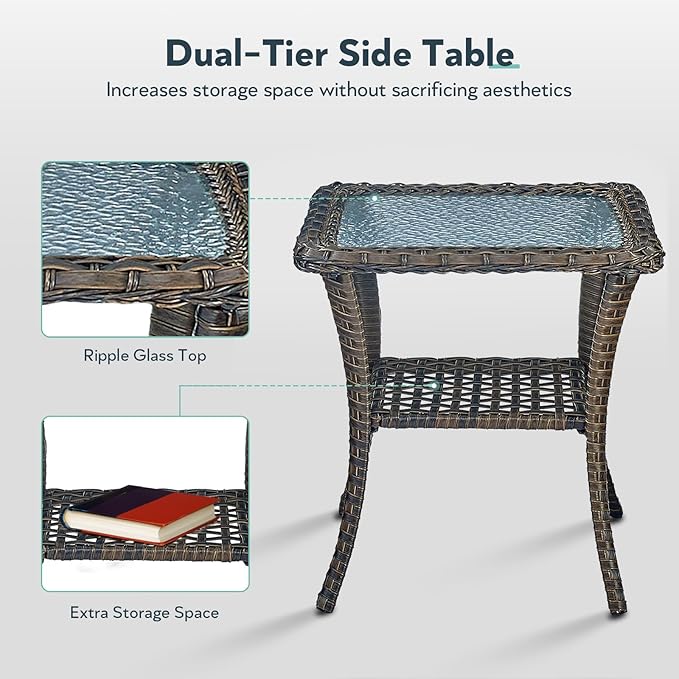 Outdoor Swivel Glider Rocker Chairs - 3 Piece Patio Furniture Set, Patio Bistro Sets with Tempered Glass Side Table, for Balcony, Porch - Brown Wicker, Beige Cushion