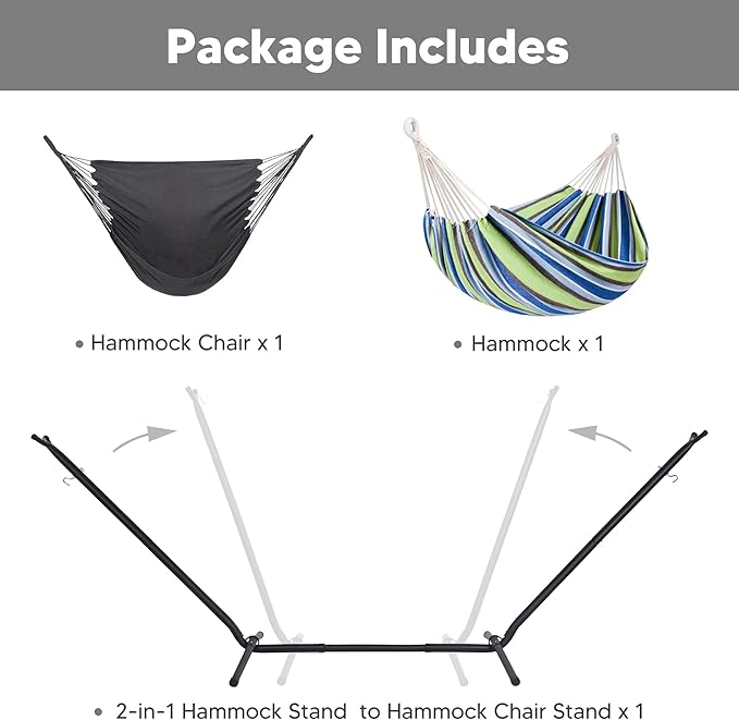 SUNCREAT 2-in-1 Convertible Backyard Fabric Hammock with Stand, Large Hammocks for Outside, Patent Pending, Light Green Stripes