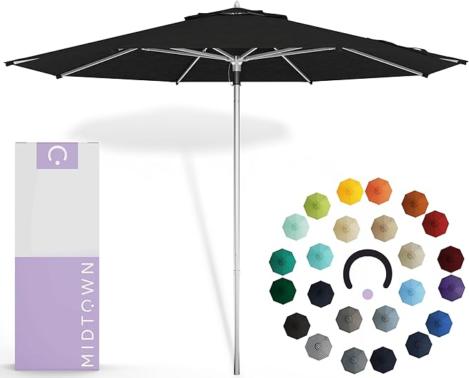 Midtown Umbrellas Push Pop Sunbrella Umbrella 9 Feet Outdoor Umbrella in Spectrum Carbon Acrylic - Patio, Backyard, Garden, Picnic Table & Pool - Black Pole