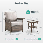 Wicker Outdoor Chairs Set - 3 Pieces Hollow Widen Armrests Patio Furniture Set with Side Table, Comfortable High Back Rattan Chairs for Balcony Porch Deck and Yard - Brown/Beige