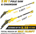 2-in-1 Electric Pole Saws for Tree Trimming,8" Mini Chainsaw Cordless with Extension Pole, 1000W Brushless Motor,Auto Oiling,15.58 FT Max Reach Extension Pole for Outdoors Pruning with 2×Batteries