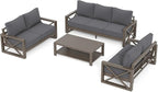 UDPATIO 4 Piece Faux Wood Aluminum Patio Furniture Set 7 Seats Modern Outdoor Furniture Patio Conversation Sets with Coffee Table for Balcony, Backyard, 600D Waterproof Cover Included, Dark Grey