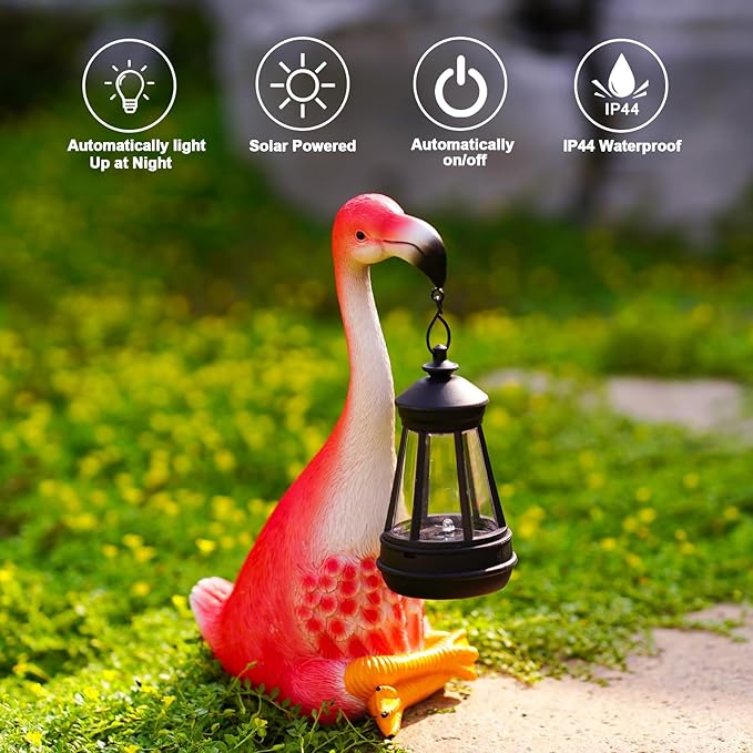 Goodeco Flamingo Statue with Solar Lantern - Artistic Pink Flamingo Decor for Outdoor Garden & Home, Gifts for Women & More