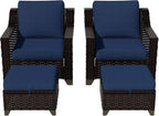 Vista Vibe 4 Pieces Outdoor Patio Conversation Furniture Set - 2 Luxurious Armchairs | 2 Wicker Ottomans, Removable Cushions, Hand-Woven PE Rattan, Office, Porch (Brown/Navy)