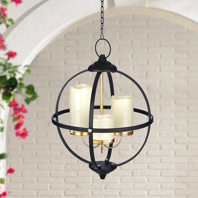 Battery Operated Outdoor Candle Chandelier - Black and Gold Metal Globe Hanging Pendant Light with 3 Flameless Candles, 12.6" Waterproof Lights for Gazebo, Pergola, Garden, Porch & Backyard