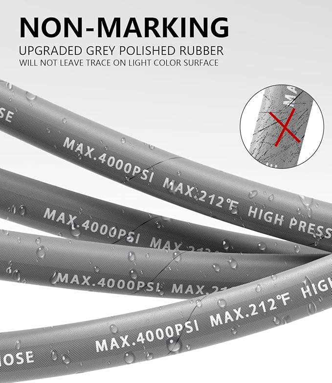 Pressure Washer Hose 200FT 4000 PSI, Kink Resistant Steel Braided Layer & NonMarking Rubber for Hot/Cold Water, High Power Washer Hose With 3/8 Inch Quick Connect & M22 Fitting, Gray