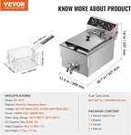 VEVOR Commercial Deep Fryer, 1500W Electric Countertop Fryer with Basket, 11.6Qt / 11L Stainless Steel Single Oil Fryer with Time & Temp Control, Overheat Protection, for Kitchen Restaurant Use