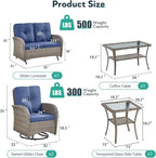 5 Piece Patio Furniture Set - Wicker Patio Conversation Set with Swivel Glider, Glider Loveseat, Tempered Glass Side Table and Coffee Table for Deck Backyard - Grey Wicker Blue Cushion