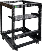 RIVECO 19" 12U Server Rack Open Frame with Wheels + PDU (8 Outlets) Power Strip Surge Protector + 1U Rack Shelf Cantilever Tray Set Black