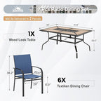 7 Pcs Patio Dining Set for 6, Metal Rectangular Dining Table (PVC Table Top) with Umbrella Hole and 6 Chairs, Outdoor Dining Set for Lawn Garden Deck, Blue