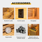 ZONEMEL Wooden Steam Sauna Room, 2 Person Canadian Hemlock Luxurious Indoor Sauna with 3.5 KW Harvia Stove Heater, Bluetooth Speaker, Sauna Stone, Wooden Bucket, Scoop, Reading Light, Hourglass,220V