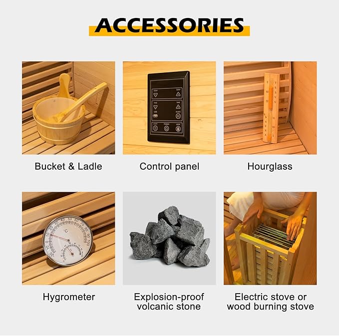 ZONEMEL Wooden Steam Sauna Room, 1 Person Canadian Hemlock Luxurious Indoor Sauna with 3.5 KW Harvia Stove Heater, WiFi Control, Volcanic Rock, Wooden Bucket, Scoop, Reading Light, Hourglass, 220V