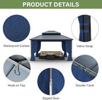 12' x 14' Hardtop Gazebo,Outdoor Galvanized Steel Metal Double Roof Gazebo with Curtains and Netting for Patios,Gardens,Lawns,Navy Blue