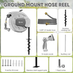 SILVEL Automatic Retractable Garden Hose Reel on Metal Spike, 1/2 in x 90FT Ground Mounted Outside, UV Resistant with 10 Pattern Nozzle, 360° swivel, No Holes in your house, Easy Installation