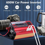 600W Car Power Inverter, 12V/24V Car Plug Adapter Outlet Converter with Dual Type C, Dual USB Dual, Dual Cigar Lighter, Single AC Outlet for Cars Trucks US Plug (Red)
