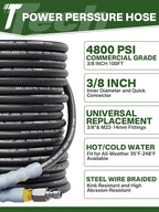 3/8" 4800PSI Pressure Washer Hose 100FT with Swivel Quick Connect for Cold/Hot Water Max 248°F, Kink Resistant Steel Wire Braided, Wear Resistant Power Washer Hose with M22 14mm Adapter