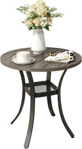 VICLLAX Round Patio Dining Table, Metal Outdoor Bistro Table with Storage Shelf for Balcony Garden Deck, 27.6Inch Grey