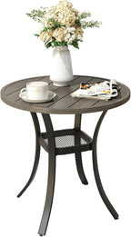 VICLLAX Round Patio Dining Table, Metal Outdoor Bistro Table with Storage Shelf for Balcony Garden Deck, 27.6Inch Grey