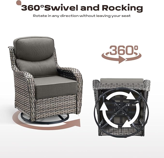 Rilyson Wicker Outdoor Patio Furniture Set - 5 Piece Patio Conversation Sets with Swivel Rocker Chairs, Ottomans and Side Table, 6 inch Cushions, Waterproof Wicker, for Porch Deck Mixed Grey/Grey