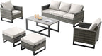 Rilyson Wicker Outdoor Patio Furniture Set - 6 Piece Patio Conversation Set with 2 Armrest Chairs,2 Rattan Ottoman,1 Couch and 1 Metal Side Table for Outside Porch Deck Backyard(Mixed Grey/Beige)