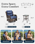 HILLGA Luxury Patio Furniture Set with 6-Inch Thick Cushions, High Back Outdoor Swivel Rocker Chairs and Table, 3-Piece All Weather Conversation Set for Porch Deck Balcony Yard, Blue (V3)