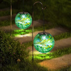 Solar Hanging Lanterns Outdoor Solar Glaze Glass Lantern Globe Hanging Outdoor Lights for Garden Yard Home Decoration Green