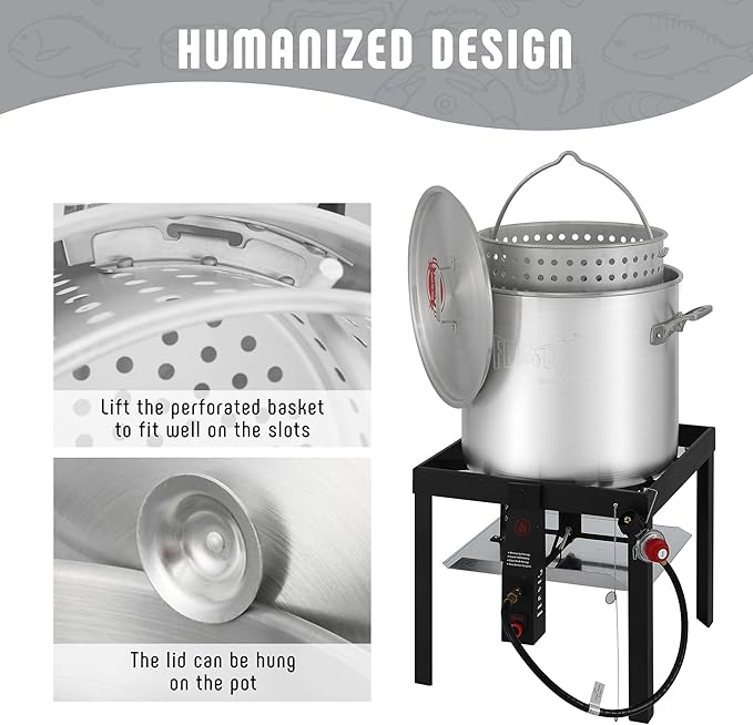 100 QT Seafood Boil Pot Stock Pot and 10,0000 BTU Propane Stove,Aluminum Seafood Boiling Kit with Strainer Basket,Heavy Duty Propane Burner For Outdoor Cooking Seafood Shrimp Crawfish Boiling