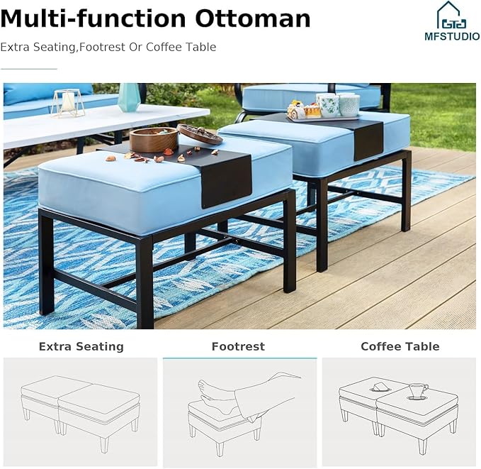 MFSTUDIO 6 Pieces Patio Furniture Sets with 45" Gas Fire Pit Table(Up to 7 Seat),Outdoor Metal Conversation Sofas with 1 x 3-Seat Sofa,2 Rocking Chairs and 2 Ottoman,Blue Cushion