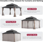 SUNJOY Kingston 14' x 12' Hardtop Gazebo with Galvanized Steel Double Roof, Curtain and Netting, Woodgrain Finish Aluminum Posts Permanent Pavilion Gazebo for Garden, Patio, Deck, Lawn