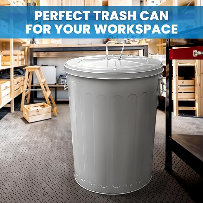 Plexon Large Metal Trash Can with Lid 20 Gallon, Decorative Outdoor Trash Can Heavy Duty Galvanized Metal Bucket with Lid for Garage Workshop Ash Storage Farmhouse, Gray 3 Pack