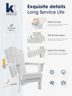KINGYES Folding Adirondack Chair Set of 8, HDPE All-Weather Patio Chairs with Cup Holder, Wooden Textured Fire Pit Chairs for Poolside, Backyard, Deck, White